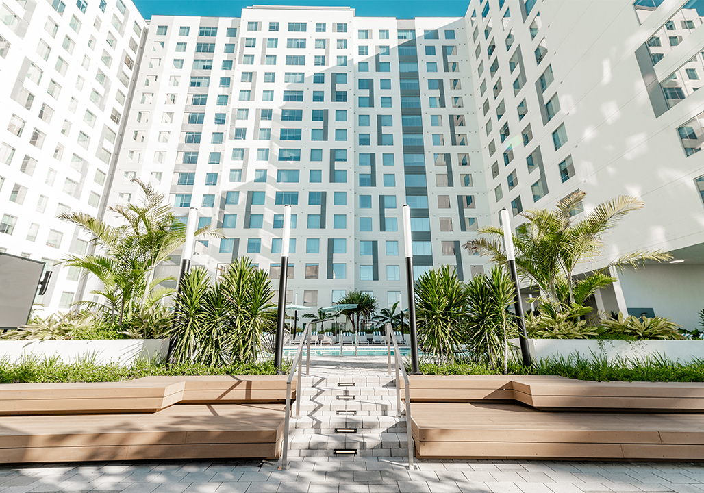 Steps to the pool at Lapis with palm trees