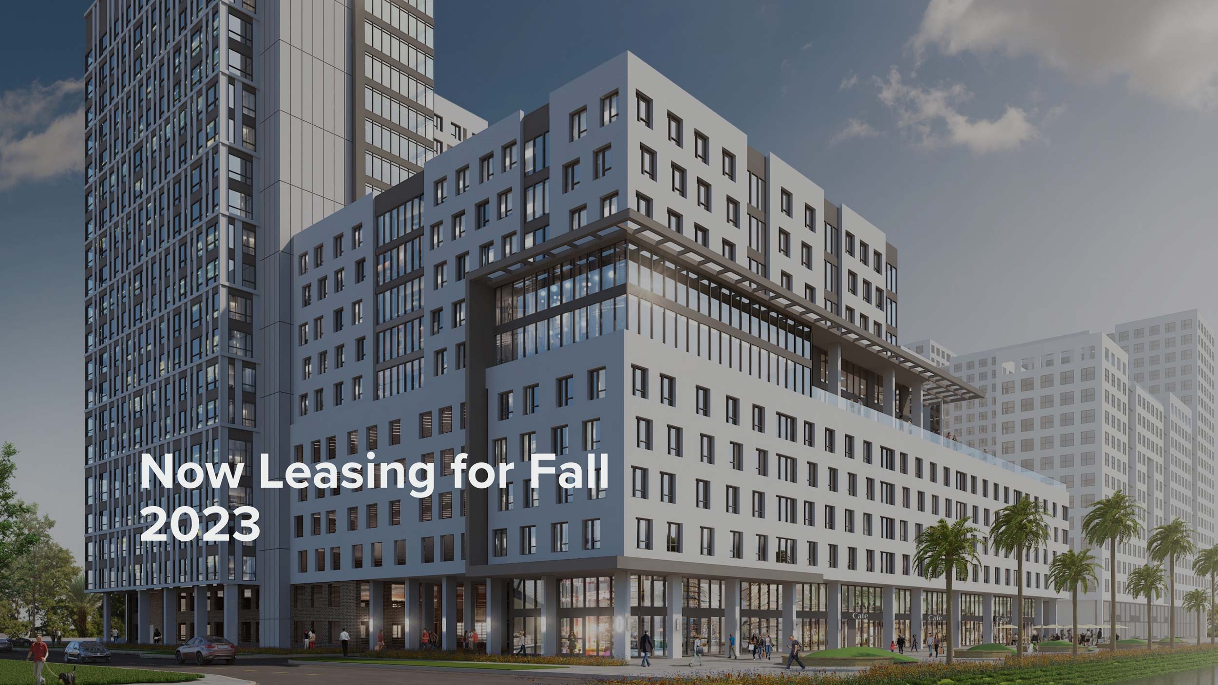 Lapis exterior. Text: Now leasing for fall 2023